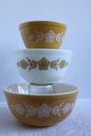 Vintage Pyrex Mixing Set Of 3 Butterfly / Flower Gold Nesting. Fixed Price $82.50.