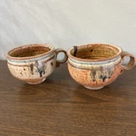 Set Of 2 Studio Pottery Mugs Soup Bowl Blue Rust Brown Glaze Curly Q Handles. Fixed Price $29.95.