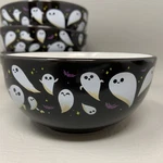 Set Of 4 Spooky Halloween Ghosts Cereal Bowls Ceramic Black 5". Fixed Price $33.29.