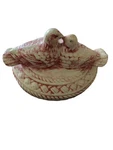 Love Birds Vintage Porcelain Covered Bowl White & Cranberry Woven Basket Design. Fixed Price $15.00.